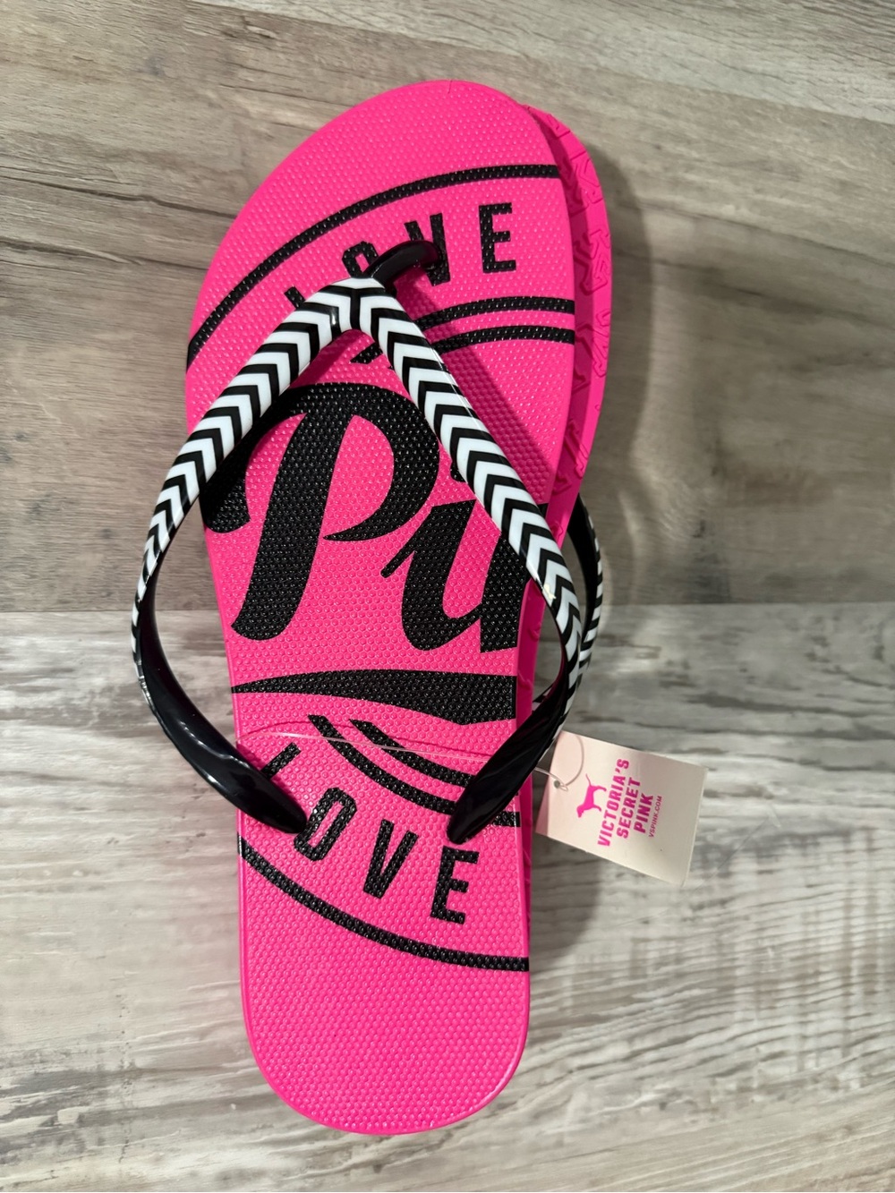 PINK Victoria's Secret Hot Pink Flip Flops with Black & White Chevron Straps